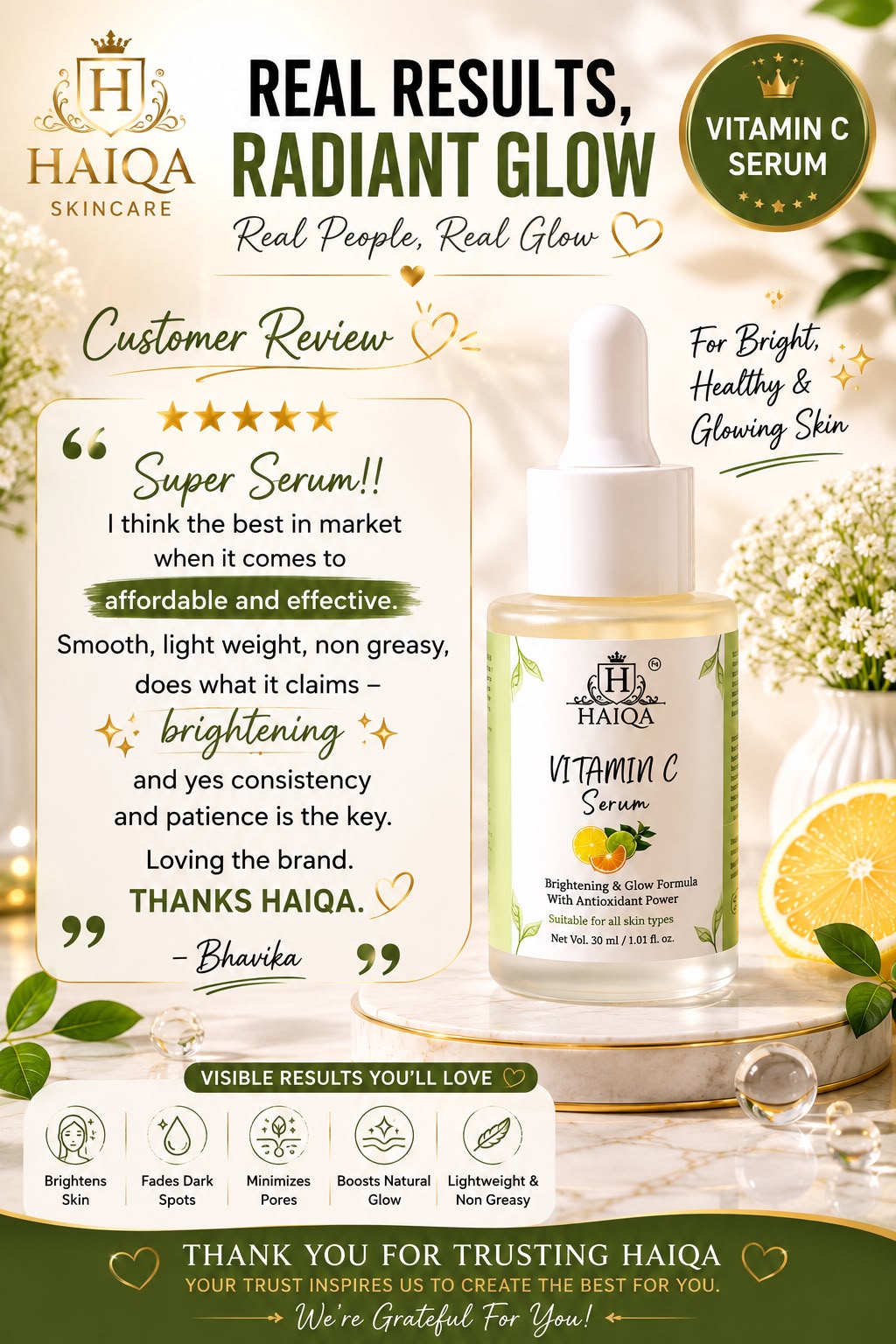 HAIQA Vitamin C Brightening Serum – Ethyl Ascorbic Acid, Hyaluronic Acid & Vitamin E for Glowing Skin - Image 3