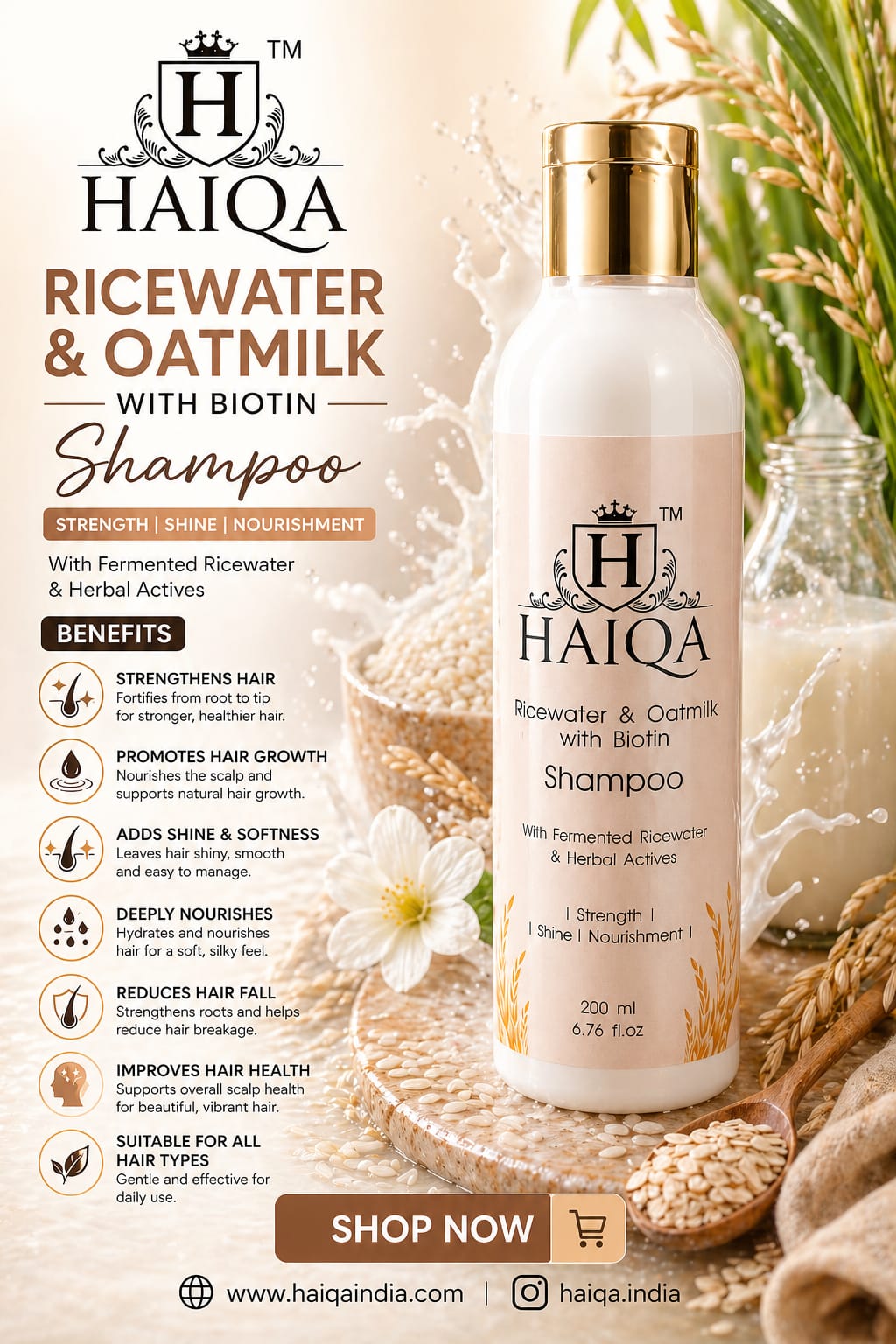 Haiqa Rice Water and Oat Milk Shampoo with Biotin for Hair Strength & Shine - Image 2